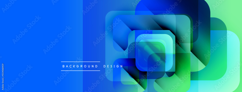 Poster abstract geometric shapes overlap, creating vibrant blue, green gradients. modern design elements su