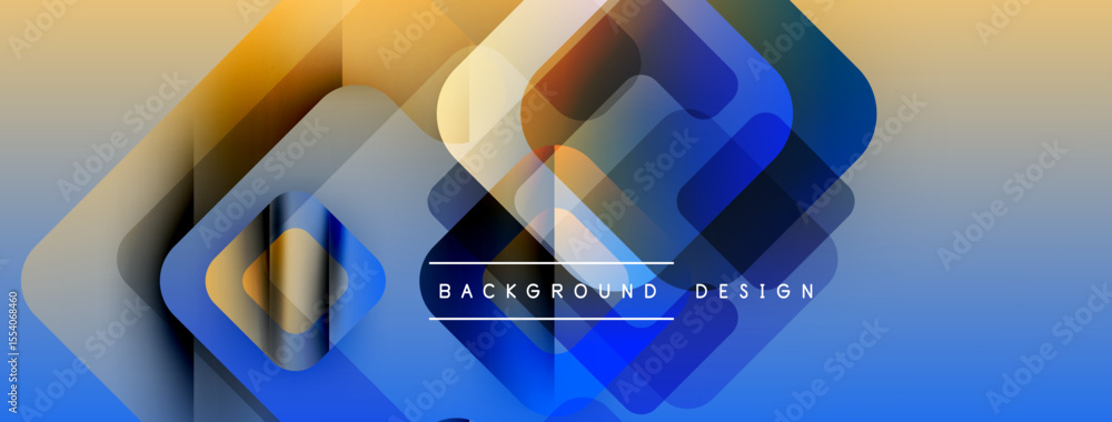 Poster Abstract geometric shapes overlap, creating vibrant blue, orange gradient. Text reads background design centrally positioned. Modern aesthetic.