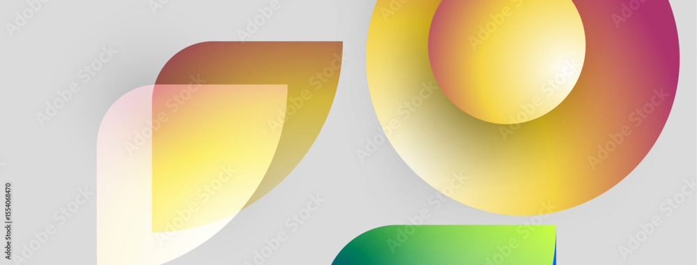 Poster abstract shapes overlap, creating vibrant color gradients. yellows, reds, greens blend into soft gra