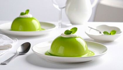 Green melon pudding at plate with vanilla topping