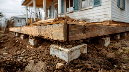 Fototapeta premium Exposed house foundation revealing visible soil erosion and damage, warning of structural risks, emphasizing urgent repair, leveling, and foundation stabilization to prevent further deterioa51255565 2