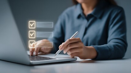 Woman using a stylus and laptop to complete a digital checklist with glowing checkmarks and text fields