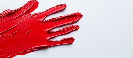 Abstract image of a red handprint on a textured white background. The paint is thick and textured, creating a bold and expressive effect.
