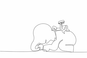 Single continuous line drawing girl reading a book on cute elephant lying down. Study while lying on the back. Education anywhere. Girl Reading Book at Animal Back. One line design vector illustration