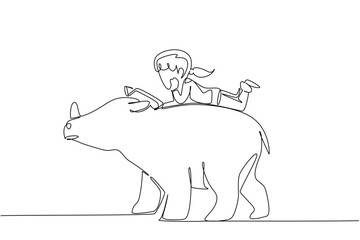 Continuous one line drawing girl reading book on cute rhinoceros. Reading about the benefits of rhinos to nature. Nerd. Girl Reading Book at Animal Back. Single line draw design vector illustration