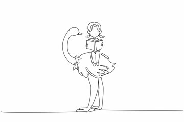 Single continuous line drawing young girl reading book on cute ostrich. Read about the uniqueness and specialness of ostriches. Girl Reading Book at Animal Back. One line design vector illustration