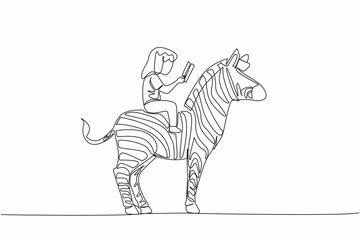 Single continuous line drawing young girl reading book on cute zebra. Get ready for the final exam. Study seriously. The nerd. Girl Reading Book at Animal Back. One line design vector illustration