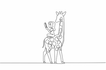 Single one line drawing girl reading book on cute giraffe. Read about the tallest living land animal. Increase knowledge. Girl Reading Book at Animal Back. Continuous line design graphic illustration