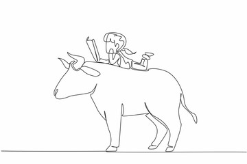 Single one line drawing the young girl reading book on cute bull. Lying face down reading seriously. Focus. The nerd. Girl Reading Book at Animal Back. Continuous line design graphic illustration