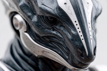 Close up of a dark grey futuristic helmet with textured surface and metallic accents