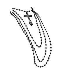 3D rendered layered rosary necklace with ornate cross pendant, isolated on transparent background