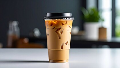 Plastic cup of ice coffee latte on studio photo
