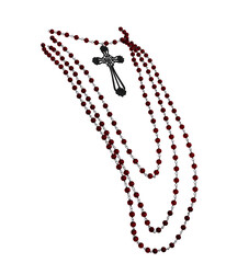 3D rendered layered rosary necklace with ornate cross pendant, isolated on transparent background