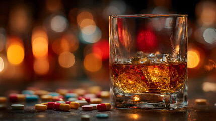 Glass of whiskey beside scattered pills symbolizing opioid crisis, highlighting dangers of mixing alcohol and drugs, addiction awareness, and public health risks in substance abuse preventio68985890 3