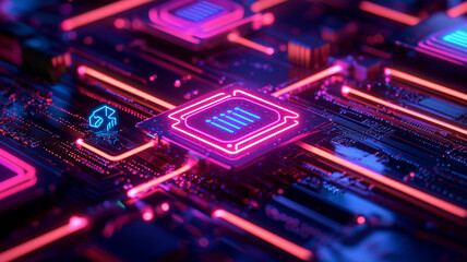 Glowing API and AI Icons Connected by Neon Lines.
