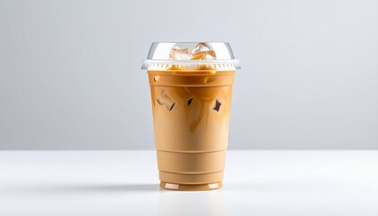 Plastic cup of ice coffee latte on studio photo