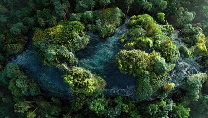 Lush green forest enveloping a dark blue water body, resembling a planet from an aerial view