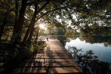 Fototapeta premium Sunlit wooden dock extends over calm lake water, shaded by lush green trees