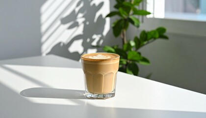 glass of coffee latte with latte art on natural lighting