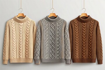 Three cozy cable knit turtleneck sweaters in neutral tones