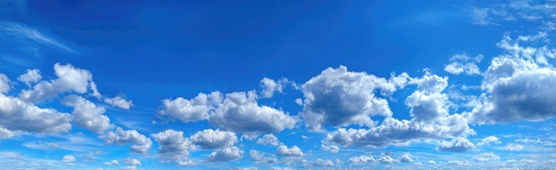 Fototapeta premium Panoramic view of a bright blue sky scattered with fluffy cumulus clouds