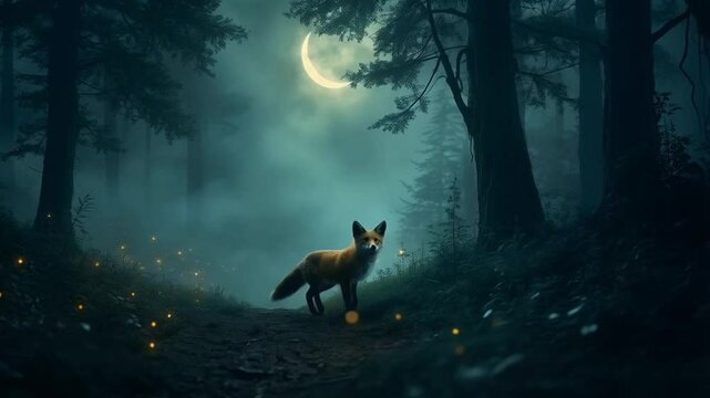 A fox walking through a dark forest under a crescent moon with glowing orbs scattered around it video