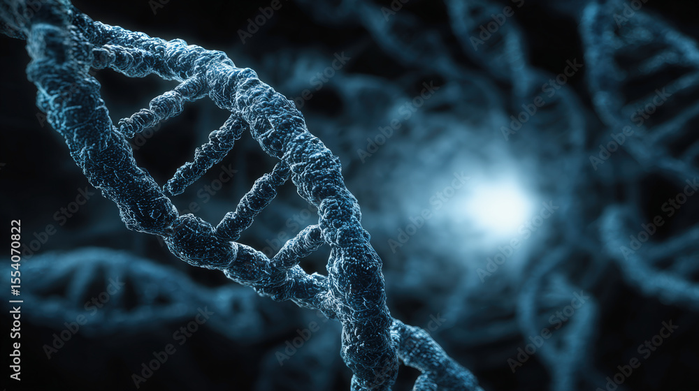 Poster close-up 3d visualization of a dna double helix strand against a dark, blurred background with a glo