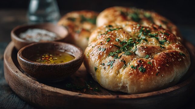 Golden taboon bread rests with olive oil and herbs
