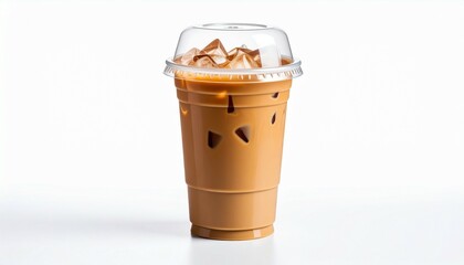 Plastic cup of ice coffee latte on studio photo lighting at top table