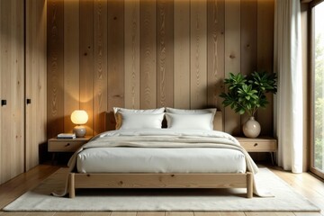 Serene Bedroom Design Featuring a Wooden Bed Frame and Neutral Color Palette