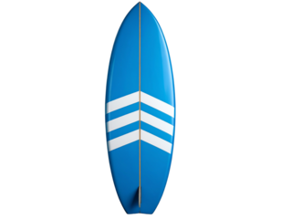 Bright blue surfboard with white stripes, front view standing upright, isolated on transparent background PNG