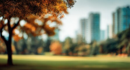 Autumn park scene with city backdrop