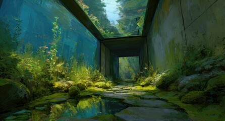 Lush overgrown corridor with watery reflection