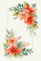 artistic watercolor floral frame, warm vintage tones, coral petals and olive green leaves, subtle texture background, delicate edge bouquet,