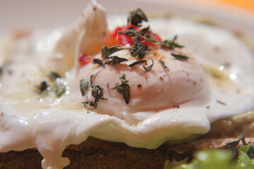 Delicious poached egg on toasted bread with herbs