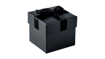 a black gift box with a black ribbon