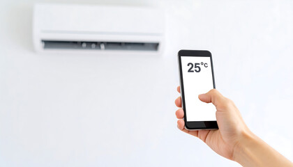 Hand with remote control directed on the conditioner Adjust 25 degrees to reduce global warming.