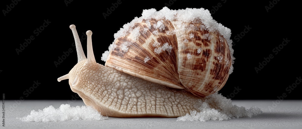 Poster close up of a snail with snow on its shell the snail is on a gray surface