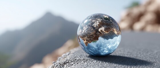Glass sphere reflecting mountainous landscape rocks clouds sky Lensball