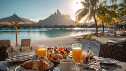 Tropical beachfront breakfast scene