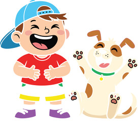 A laughing cartoon boy and his funny puppy dog, sharing a joyful moment of pure happiness, and true friendship, a cute vector character illustration