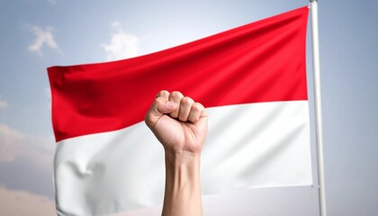 Indonesia Independence Day. On the anniversary of Indonesia's declaration of independence on August 17, 1945. Hand up, clenched fist, flag of Indonesia. Red and white colors.