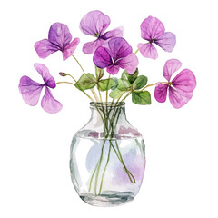 A Violet Wood Sorrel In A Vase, watercolor clipart vector, isolated on a white background.