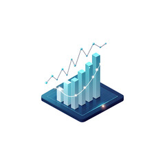 Isometric blue business chart showing growth with trend line on black background