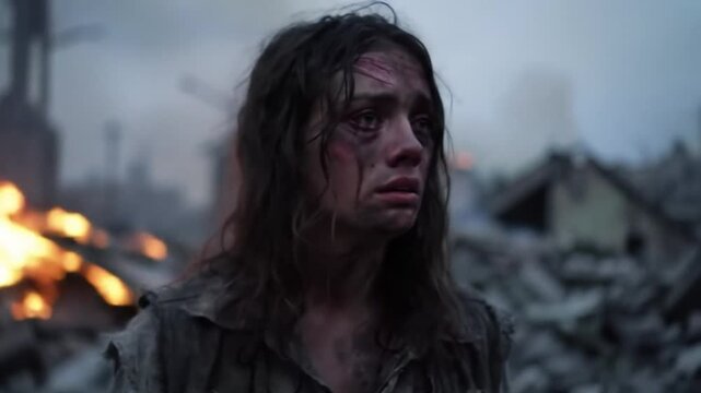 A close-up of a traumatized woman standing in front of a collapsed home, flames still rising behind her. Her eyes reflect sorrow and shock. Wind blows ash through the air