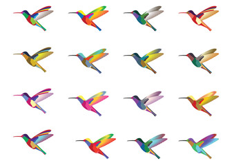 Set of colorful hummingbirds, isolated background, vector illustration.