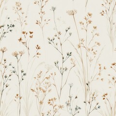 Watercolor floral pattern with tall, slender stems and muted earth tones on a cream background