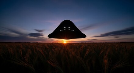 Mysterious Triangular Unidentified Flying Object Hovering Over a Wheat Field at Sunset Under a Dramatic Sky Exploring Extraterrestrial Life