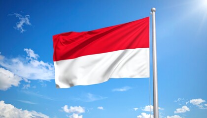 Fototapeta premium Indonesia flag in front of a shiny blue sky. Indonesian flag blowing in the wind