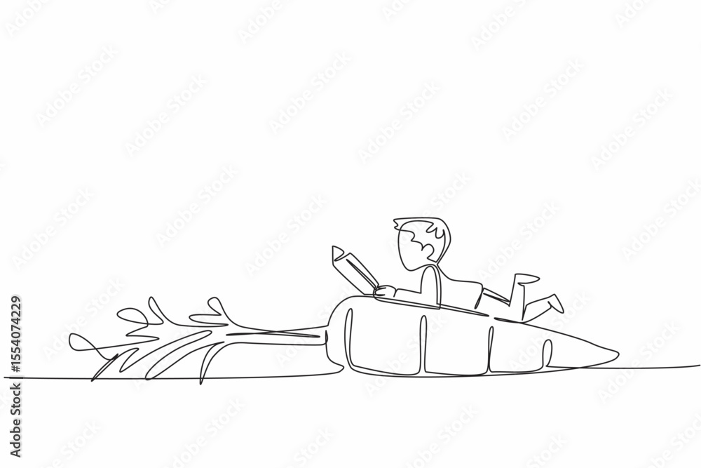 Aufkleber single one line drawing boy reading on carrot with leaves. giving examples of learning that can be d